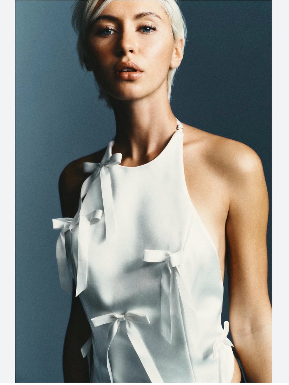 Zara— White Satin Halter Top with Bows